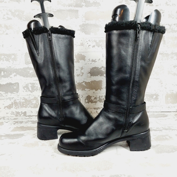 Boutique Black Leather Fur Trim Buckle Ankle Strap Block Heel Winter Boots D357 - Picture 5 of 13